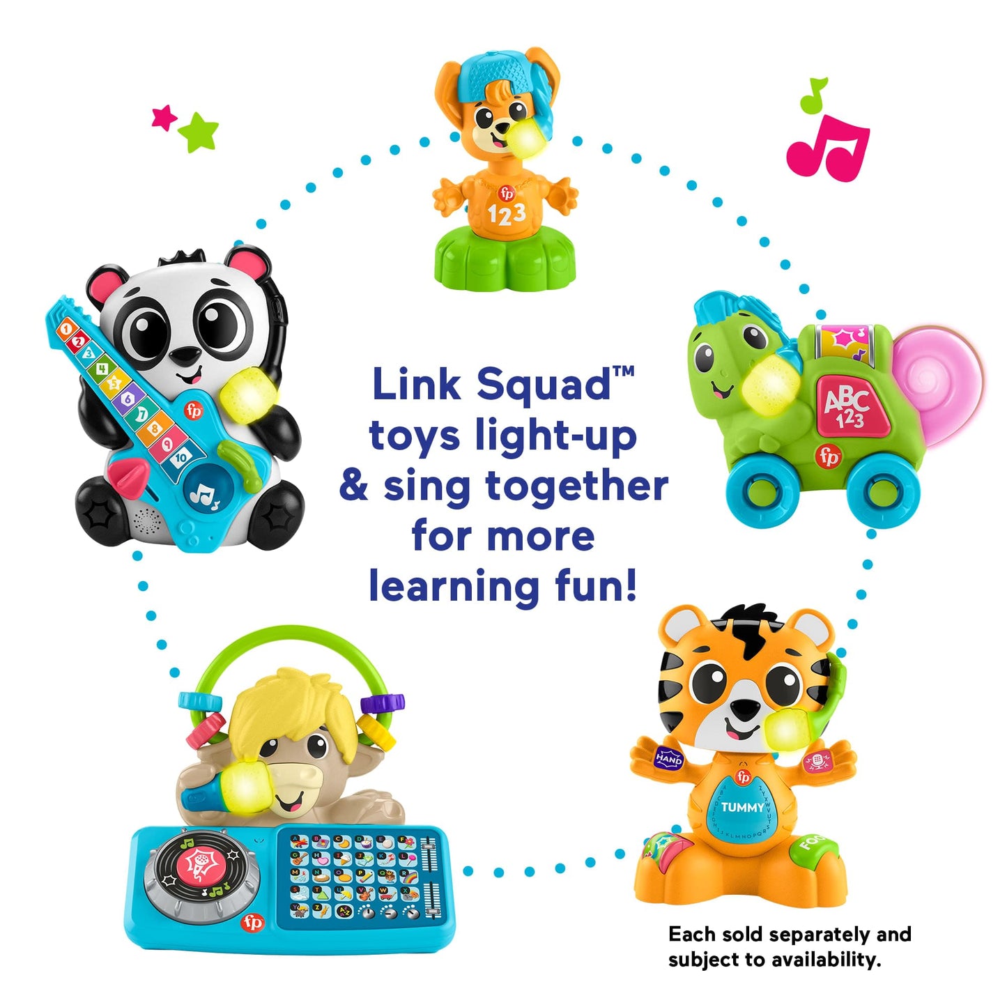 Fisher-Price Baby Learning Toy Link Squad Bop & Groove Tiger with music, lights, and colorful design for infants 9+ months.