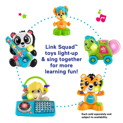 Fisher-Price Baby Learning Toy Link Squad Bop & Groove Tiger with music, lights, and colorful design for infants 9+ months.