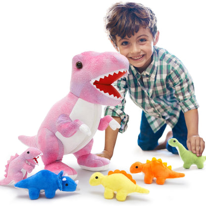 MorisMos Big Dinosaur Teddy Stuffed Animal, 50cm Pink Cuddly Fluffy Mom with 5 Babies Inside, Large T-Rex Soft Toys Kawaii Dino Present for Kids Birthday Christmas Deco