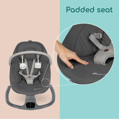 Bebeconfort Jolana, Electric Baby Swing, 0-6 Months (9 kg), Automatic Motion Detection, 12 Sooting Songs, 5 Nature Sounds, Adjustable Backrest, 2 Recline Positions, Tinted Graphite