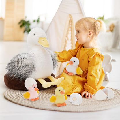 MorisMos Big Duck Teddy Soft Toy, 35cm Mom with Cuddly Ducklings Baby, Giant Fluffly Duck Stuffed Animal Realistic Kawaii Plush Gift for Kids Birthday Deco