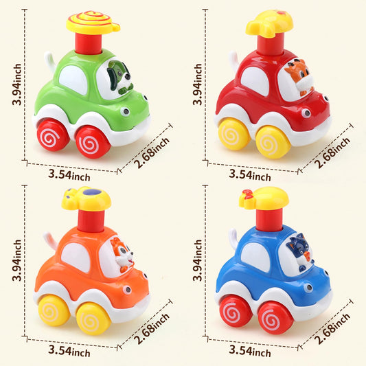 Set of four Amy & Benton press-and-go baby toy cars for 1-2 year old boys, colorful and durable for young children.