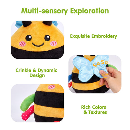 hahaland 4-IN-1 Dancing Bee Baby Toys 6 to 12 Months Boys & Girls Montessori Plush Interactive Sensory Tummy Time Toys, Musical Crawling Walking and Speaking Learning Gifts