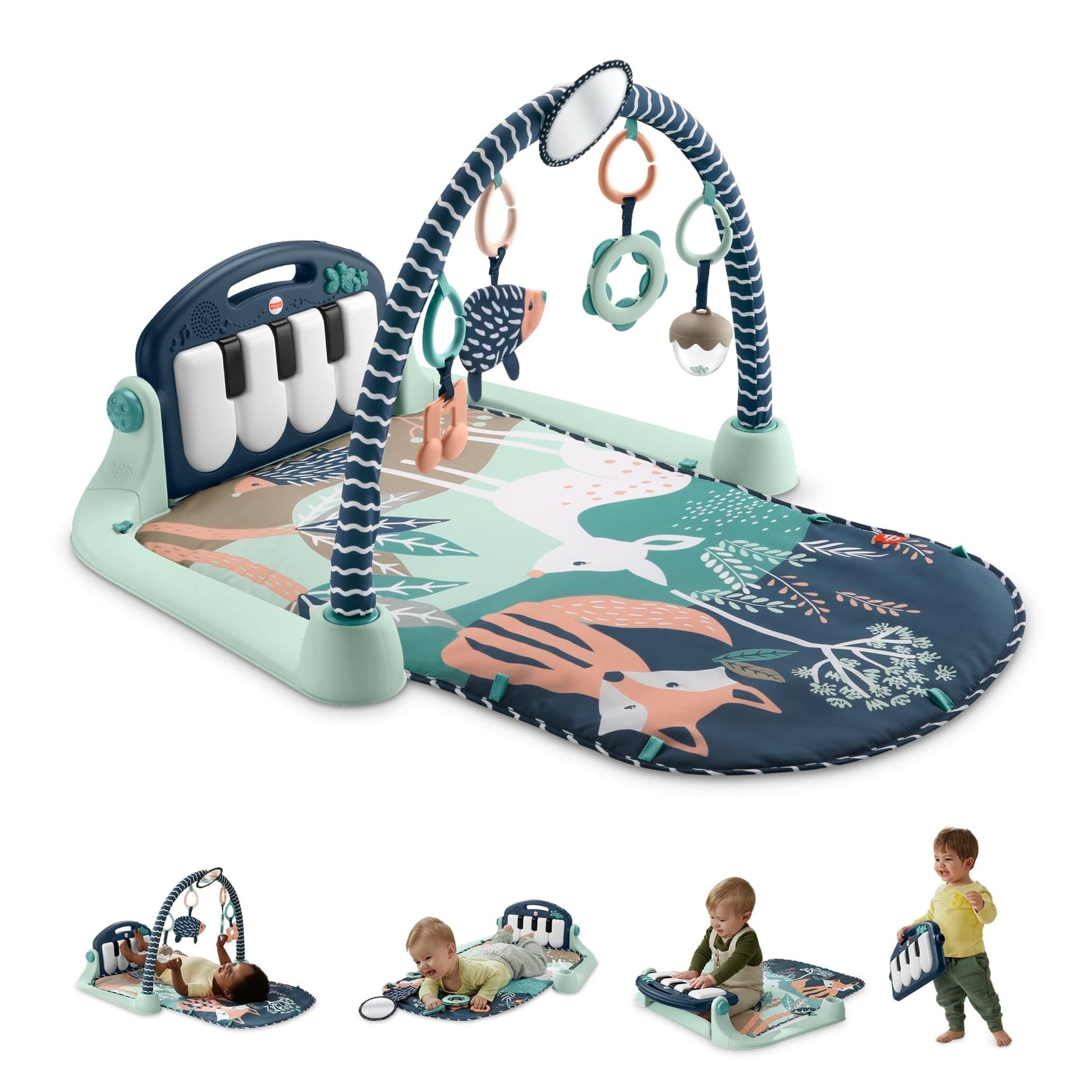 Fisher-Price baby playmat with kick & play piano gym, featuring musical and sensory toys for newborns and toddlers in navy and fawn colors.