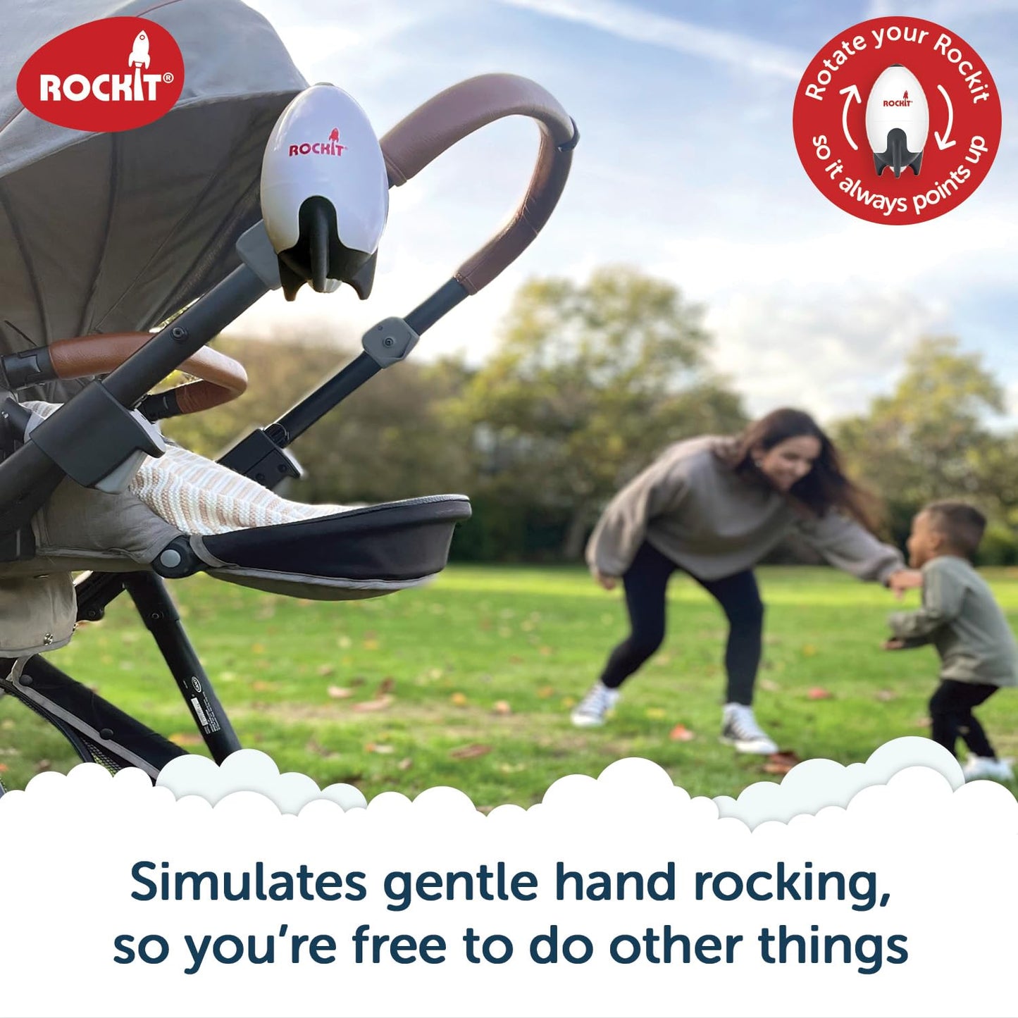 ROCKIT Rocker rechargeable baby sleep aid attached to stroller, adjustable speed, 60-minute timer, universal fit for prams and pushchairs.