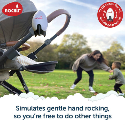 ROCKIT Rocker rechargeable baby sleep aid attached to stroller, adjustable speed, 60-minute timer, universal fit for prams and pushchairs.