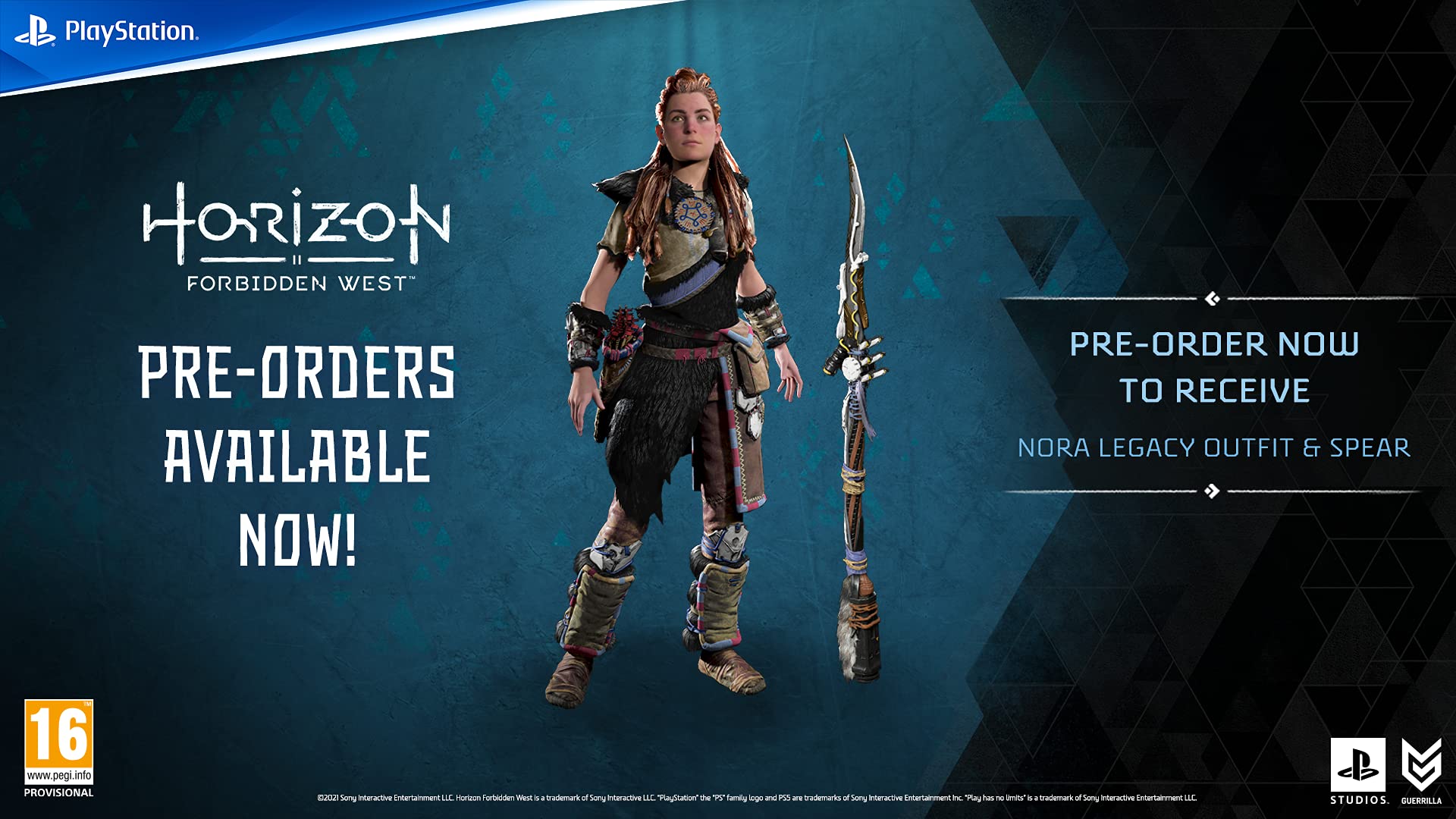 PlayStation Horizon Forbidden West PS5 game case with cover art featuring futuristic landscape and protagonist in detailed armor.
