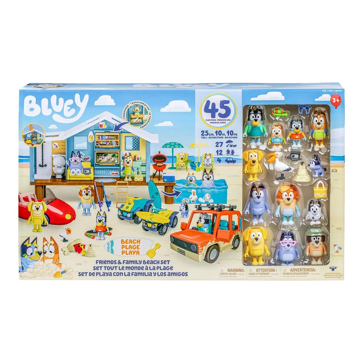 Bluey Friends & Family Beach Bash Mega Set house playset with 45 pieces, including stickers, featuring Bluey and family characters.