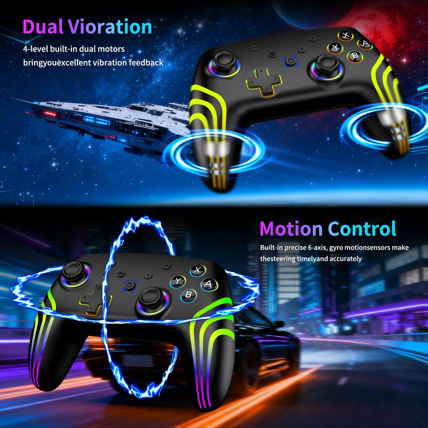 Riscvma 2pcs Controller for Switch/Switch 2/Lite/OLED/PC, Wireless Controller for Switch with 7 Color Changing RGB Lighting/Dual Vibration/6 Axis Gyroscope/Turbo, Ergonomic Precise Joystick