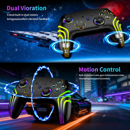 Riscvma 2pcs Controller for Switch/Switch 2/Lite/OLED/PC, Wireless Controller for Switch with 7 Color Changing RGB Lighting/Dual Vibration/6 Axis Gyroscope/Turbo, Ergonomic Precise Joystick