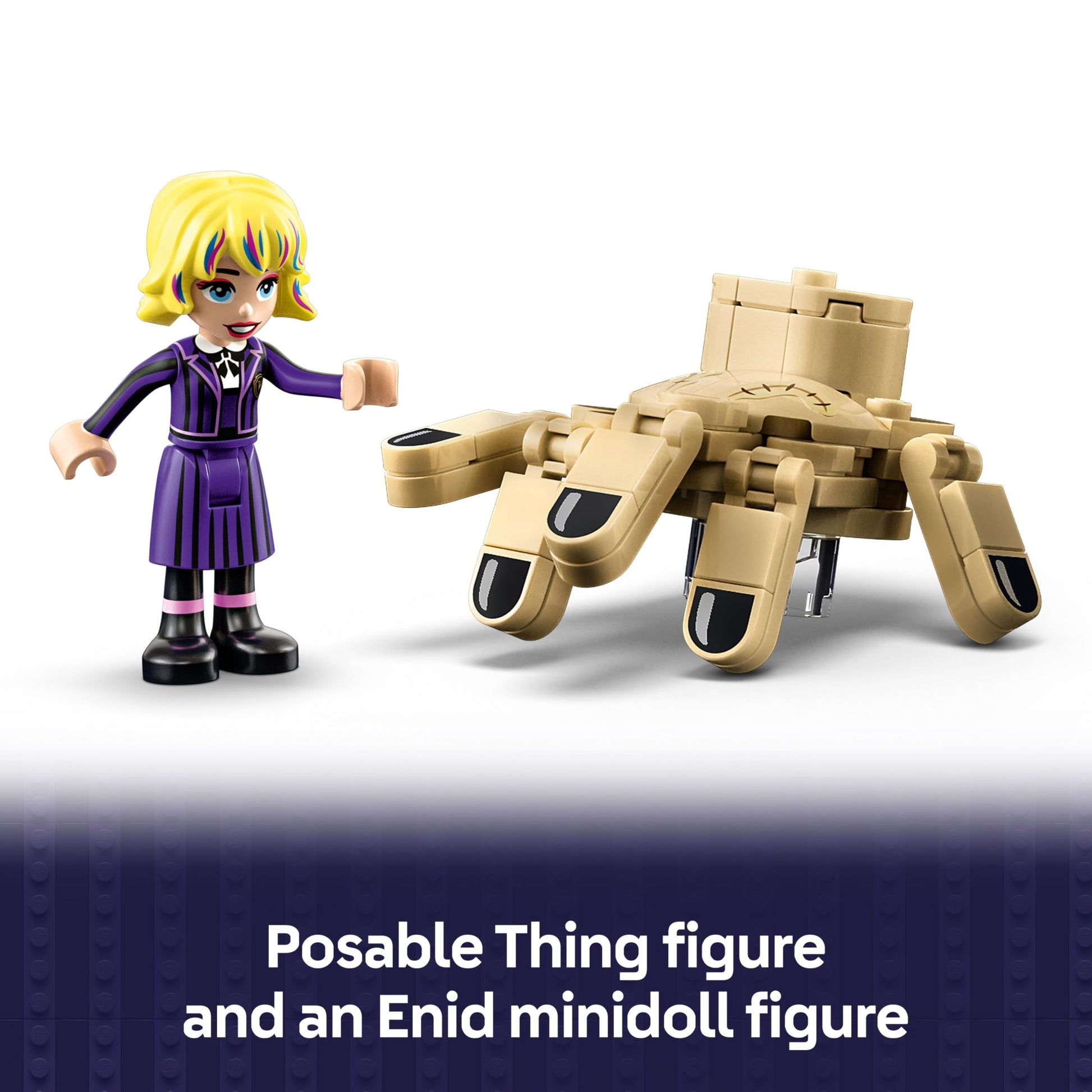 LEGO Wednesday Thing's Apartment set featuring Enid mini doll and Thing figure with various accessories for creative play.