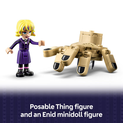 LEGO Wednesday Thing's Apartment set featuring Enid mini doll and Thing figure with various accessories for creative play.