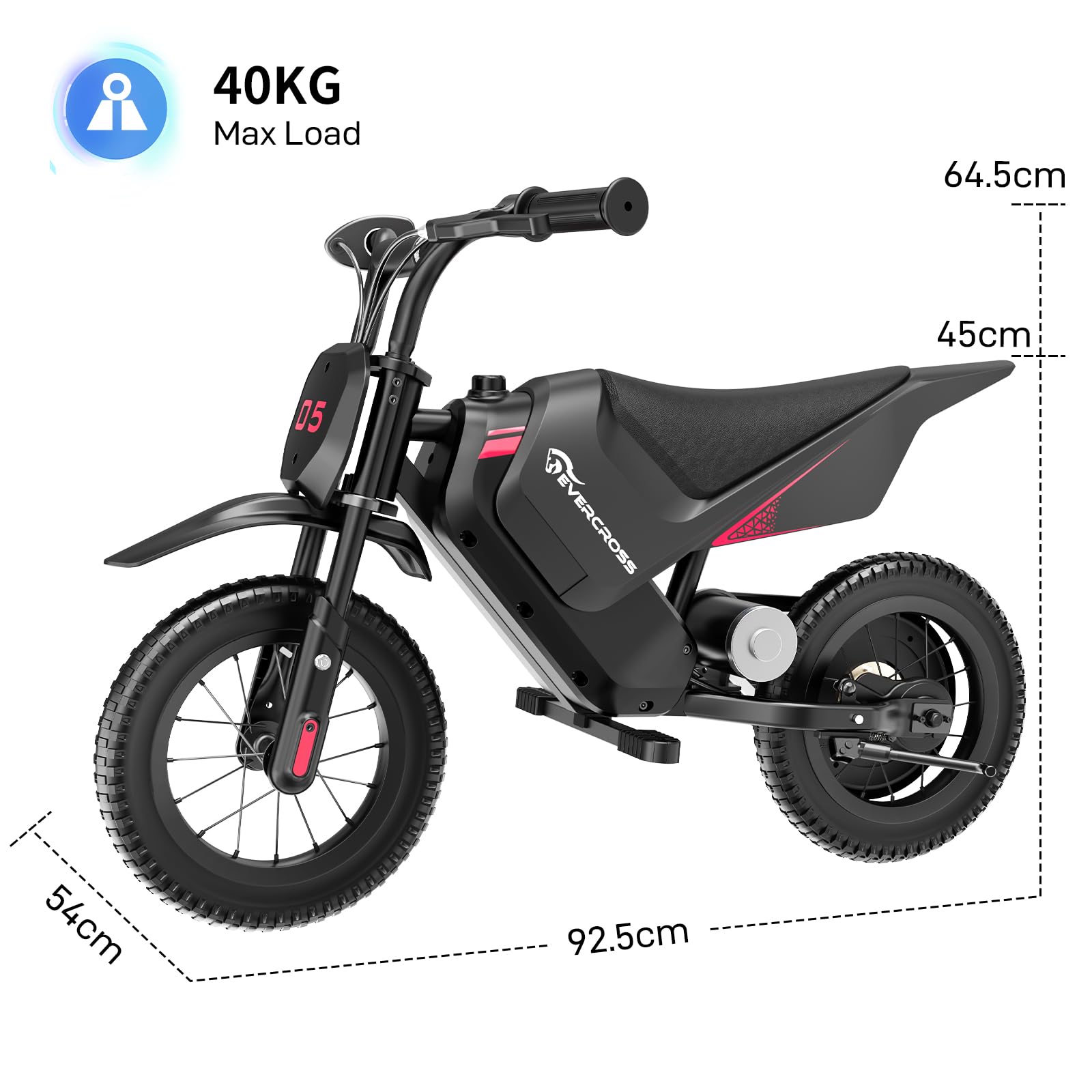 EVERCROSS EV05M kids electric motorcycle with 12-inch tires, 150W motor, speed modes, and long-range design for children ages 3-12.