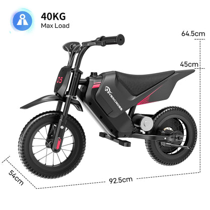 EVERCROSS EV05M kids electric motorcycle with 12-inch tires, 150W motor, speed modes, and long-range design for children ages 3-12.