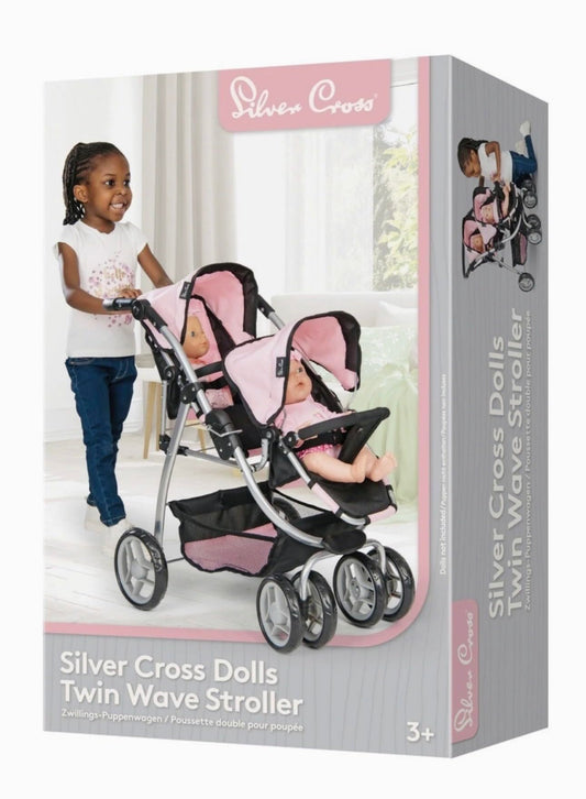 Silver Cross Twin Wave Dolls Stroller, Pink and Black Double Pushchair with Silver Frame, Age 3+, 67L x 46W x 73H cm