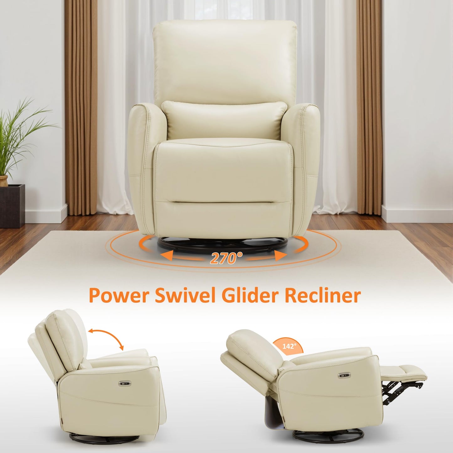 MCombo Electric Recliner Armchair, Swivel, Rocking, Reclining Chair with Lumbar Support, Nursing Chair Glider Recliner for Small Space, Living Room, Faux Leather 6922 (Cream White)