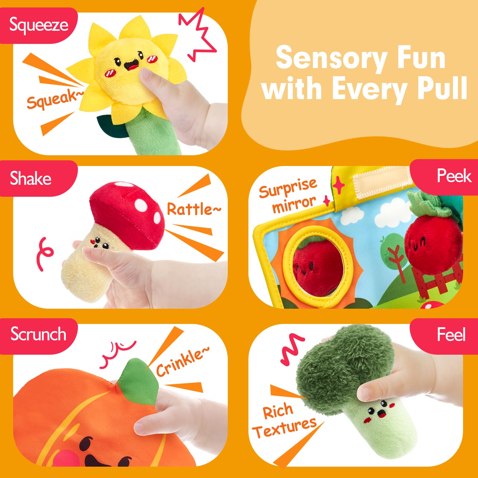 Montessori sensory plush garden toy from hahaland featuring fruits, vegetables, rattles, mirror, and crinkle textures.