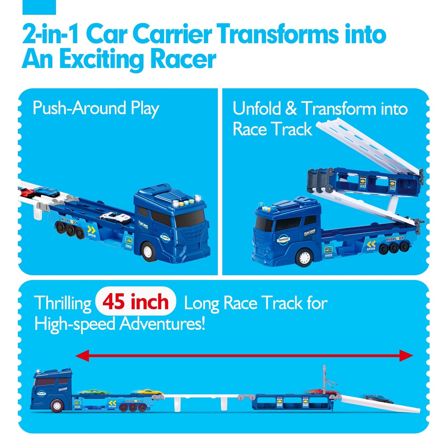hahaland Puzzle Racer Toy Truck for 3 Year Olds – 2 in 1 Car Carrier Transforms into 114cm Race Track with Dual Launcher! 6 Mini Cars & Accessories – Top 3-10 Year Old Boy Toys & Gifts