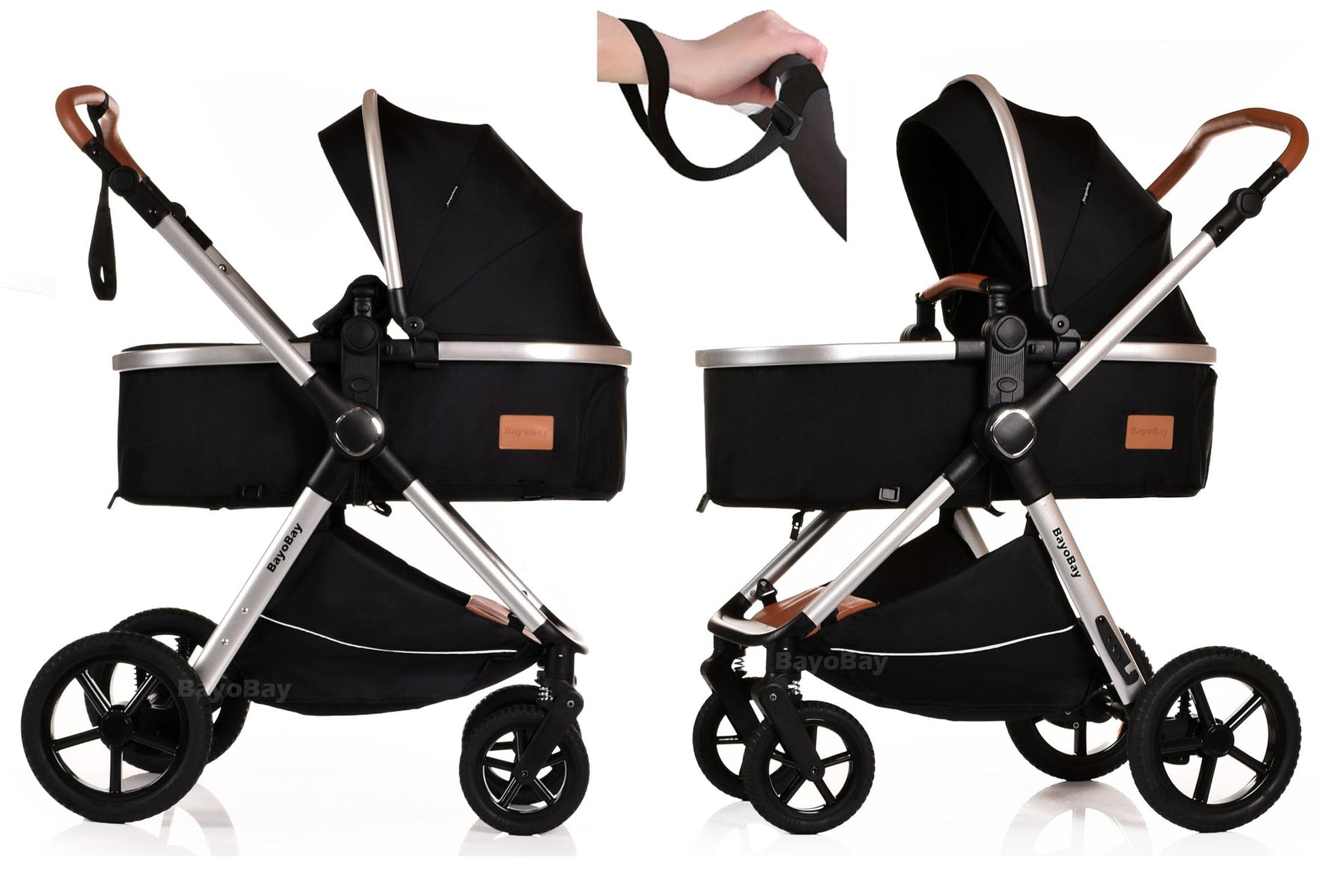 BayoBay 3-in-1 baby buggy pram pushchair with car seat and carrycot, lightweight and foldable travel system for newborns and toddlers.