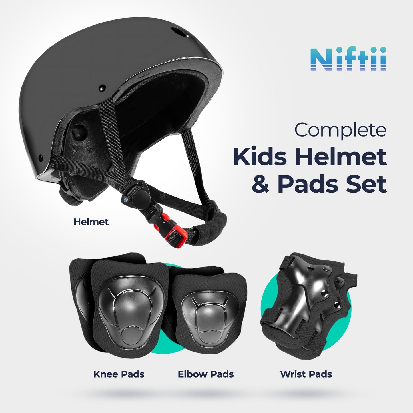 Niftii Kids Helmet with Pads - Adjustable Multi-Sport Complete Safety Gear for Cycling, Skateboarding & Scooting, Ideal for Boys & Girls Ages 3-15 Kids Bike Helmet Set, Black