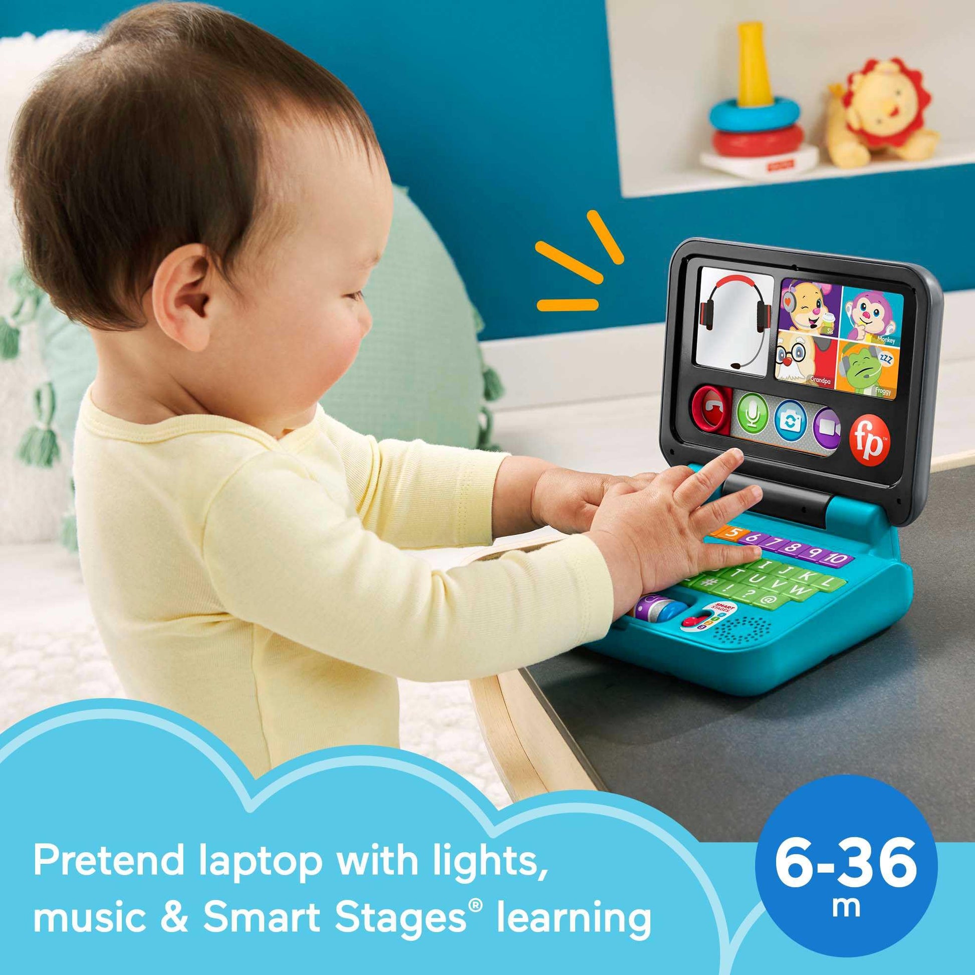 Fisher-Price Laugh & Learn Let's Connect Laptop in UK English edition, an electronic toy with colorful buttons and Smart Stages for toddlers.
