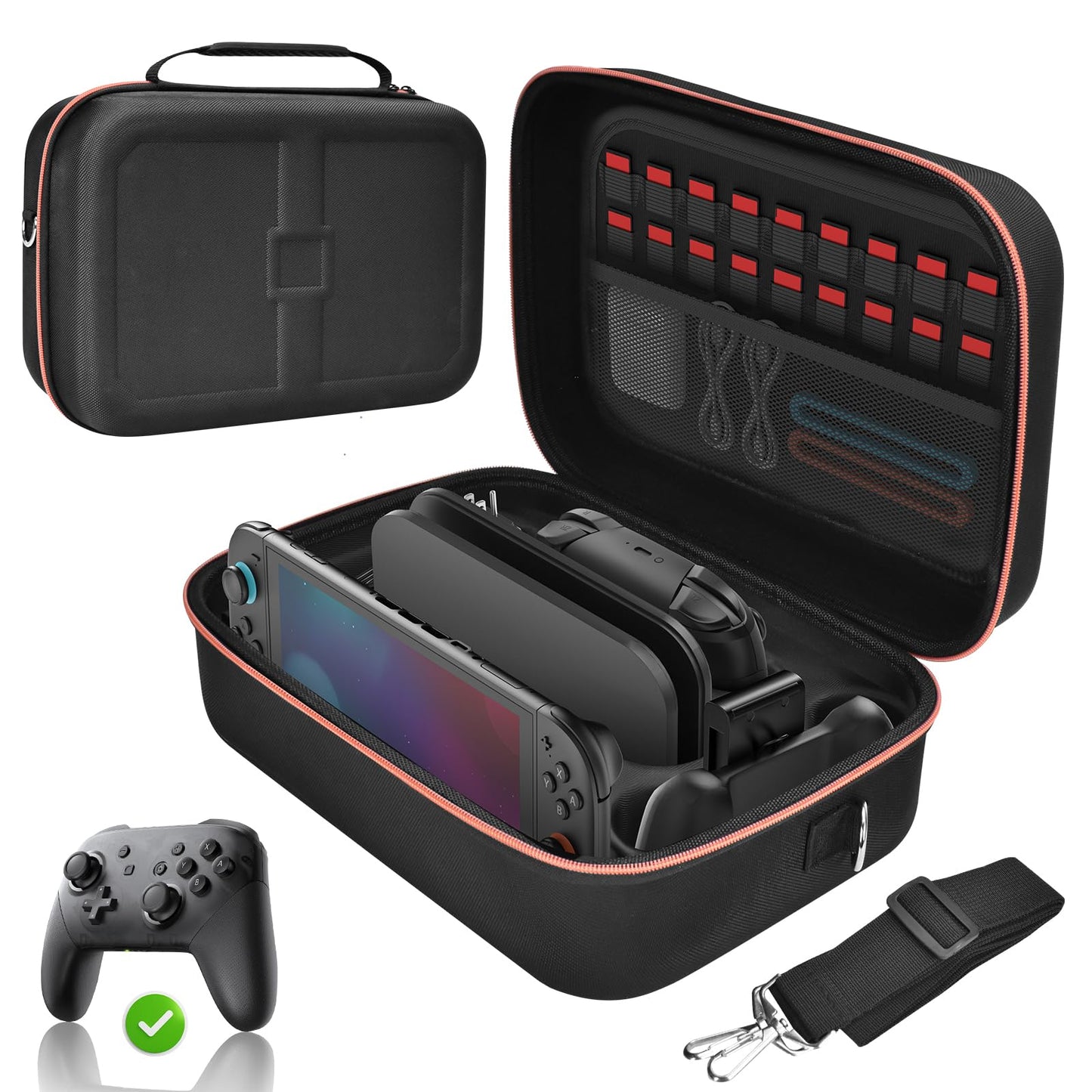 Black Gorixer Nintendo Switch case with multiple compartments, storage for console, accessories, and 18 game card slots.