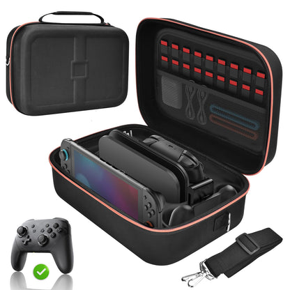 Black Gorixer Nintendo Switch case with multiple compartments, storage for console, accessories, and 18 game card slots.