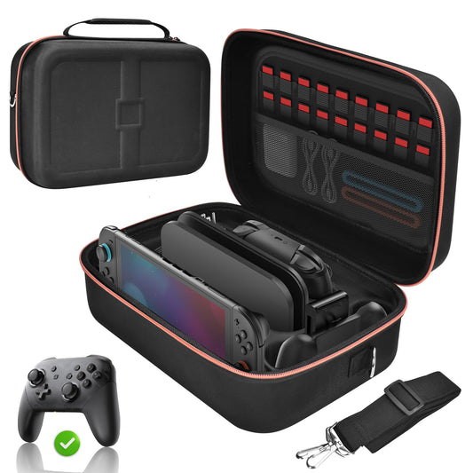 Black Gorixer Nintendo Switch case with multiple compartments, storage for console, accessories, and 18 game card slots.