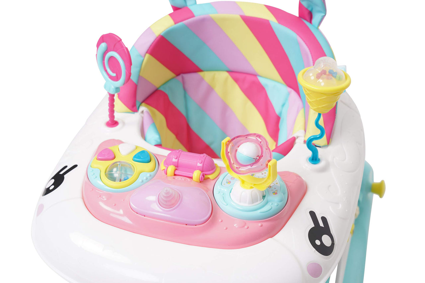MyChild Unicorn 2-in-1 pink rainbow baby walker rocker with activity center, foldable frame, adjustable height, and safety blocks.