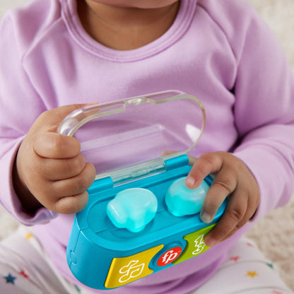 Fisher-Price Laugh & Learn baby toy with colorful ear buds, music, and lights for ages 6+ months, multilingual version.