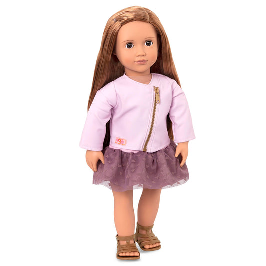 "Our Generation BD31101Z Vienna 46cm non-posable Fashion Doll, Includes doll, a sleeveless dress, a pink faux-leather jacket, one pair of undies, and sandals - purple & Pink"