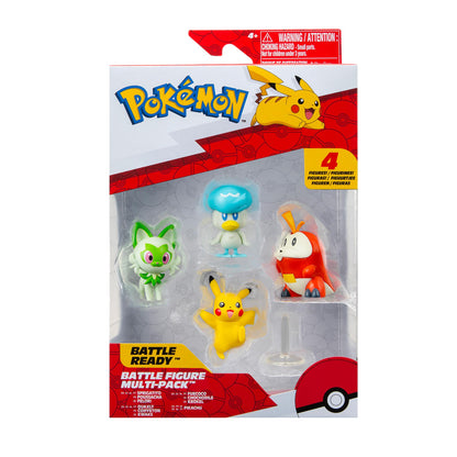 Four Pokémon battle figures including 2-inch Pikachu, Fuecoco, Sprigatito, and Quaxly in a colorful display.