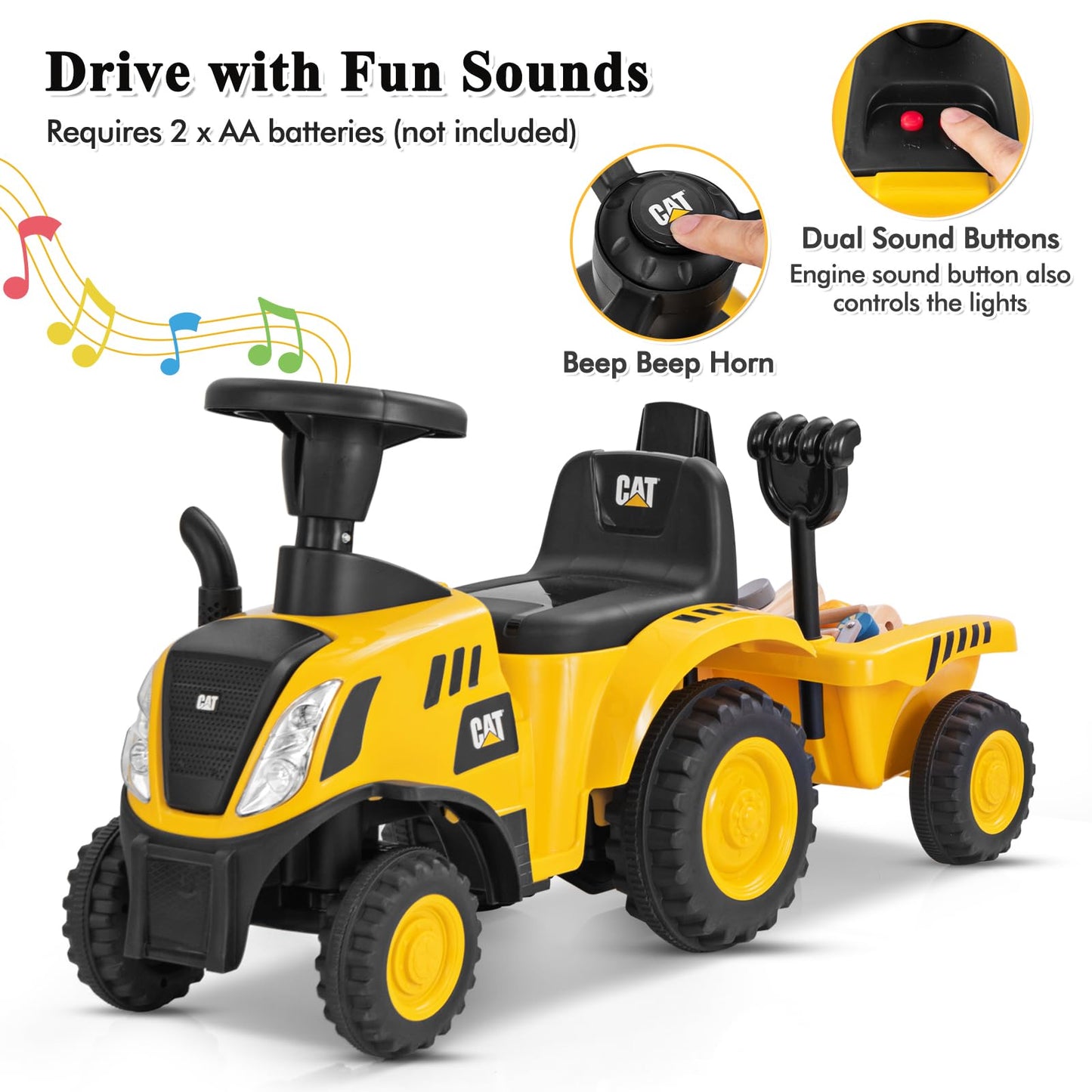 Maxmass Ride on Tractor and Trailer, Kids Sliding Toy Car with Detachable Trailer, LED Lights, Horn, Rake & Shovel, Foot to Floor Toddler Ride on Car for 12-36 Months Old (Yellow, 91 x 28 x 45cm)
