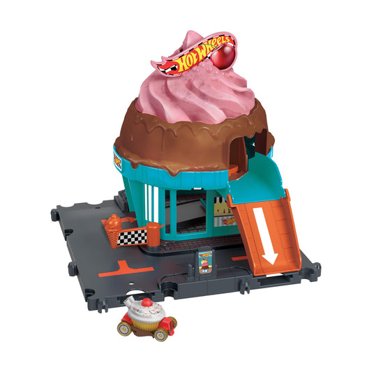 Hot Wheels Let's Race City Track Set with car and ice cream shop playset, featuring connected track pieces for play.