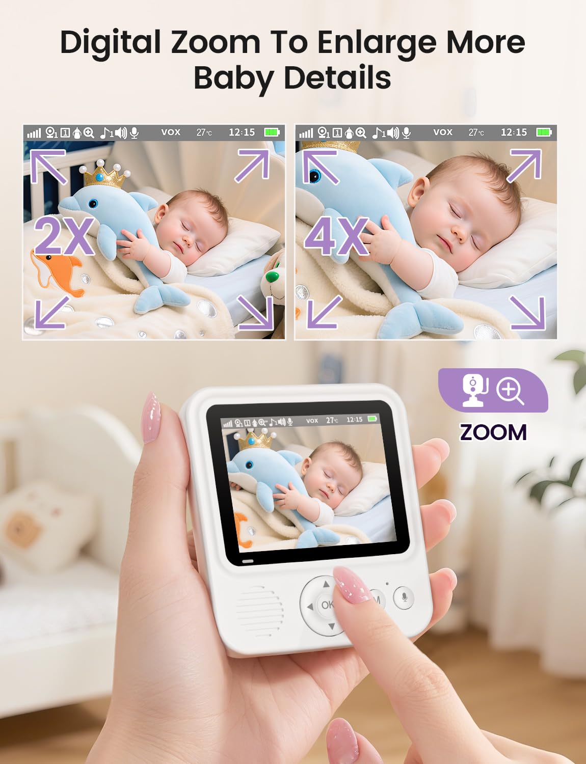 BURNNOVE baby monitor with camera, night vision, 2-way talk, temperature sensor, lullabies, and 300m range.