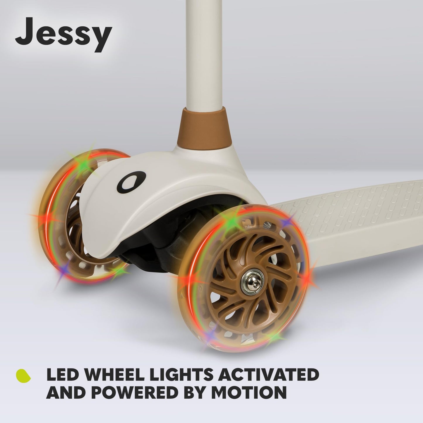 LIONELO JESSY kids scooter with LED light-up wheels, adjustable height, and non-slip platform for ages 3-5.