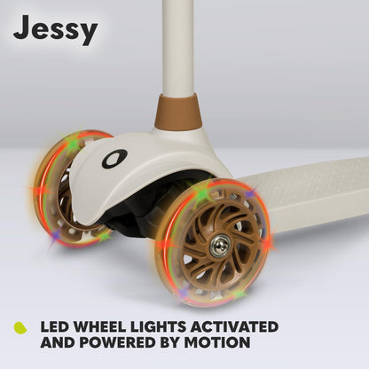 LIONELO JESSY kids scooter with LED light-up wheels, adjustable height, and non-slip platform for ages 3-5.