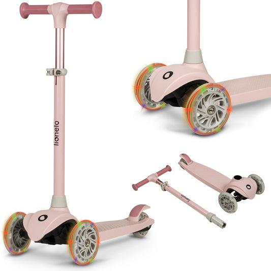 LIONELO JESSY kids' scooter with LED light-up wheels, adjustable height, and non-slip platform for ages 3-5.