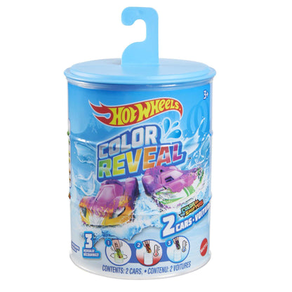 Two Hot Wheels toy cars in assorted styles, featuring colour shifters and water reveal effects for kids ages 3 and up.