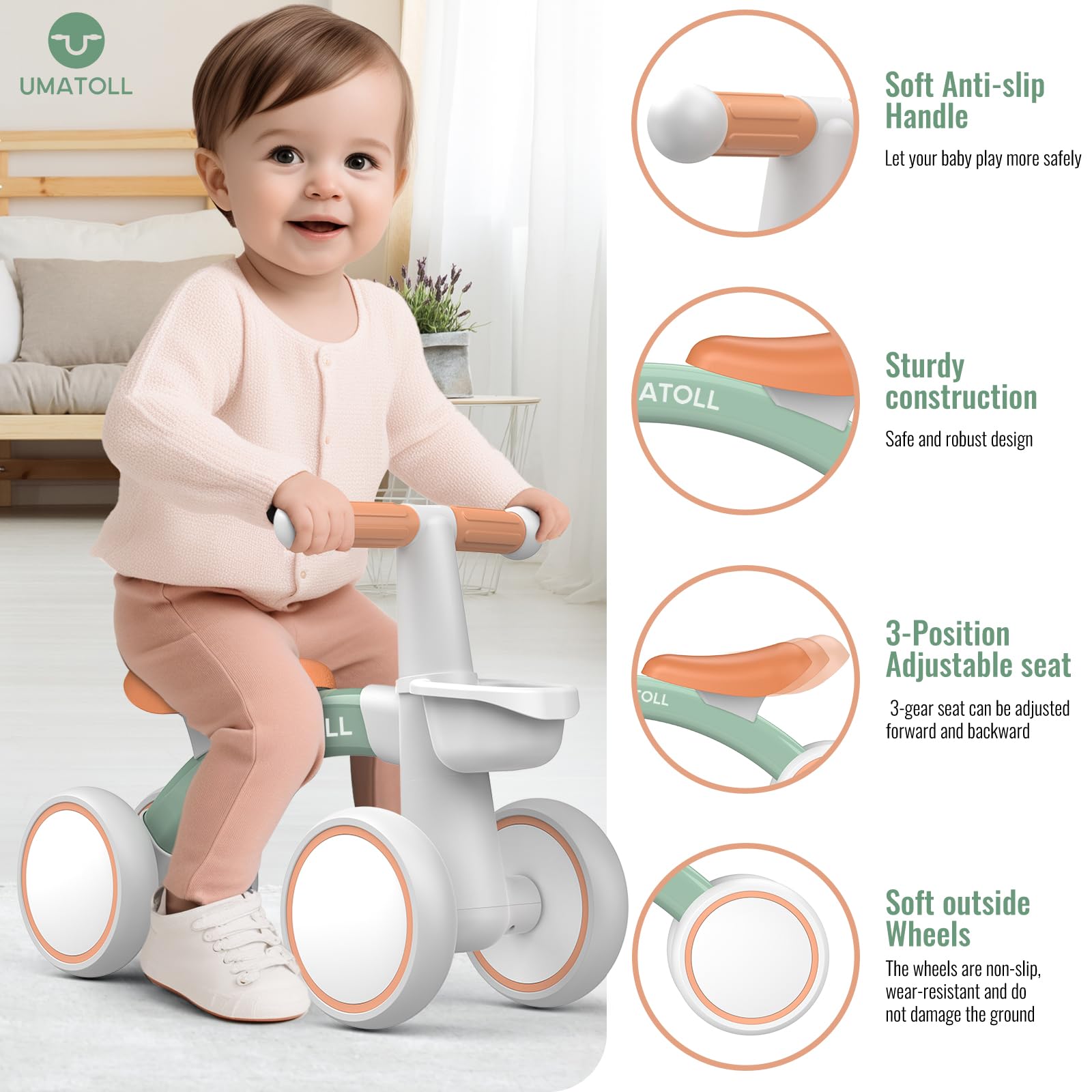 Umatoll baby balance bike for toddlers, featuring a green frame, removable basket, adjustable seat, and four wheels.