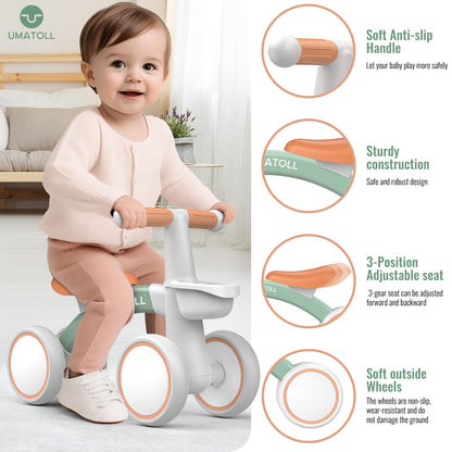 Umatoll baby balance bike for toddlers, featuring a green frame, removable basket, adjustable seat, and four wheels.