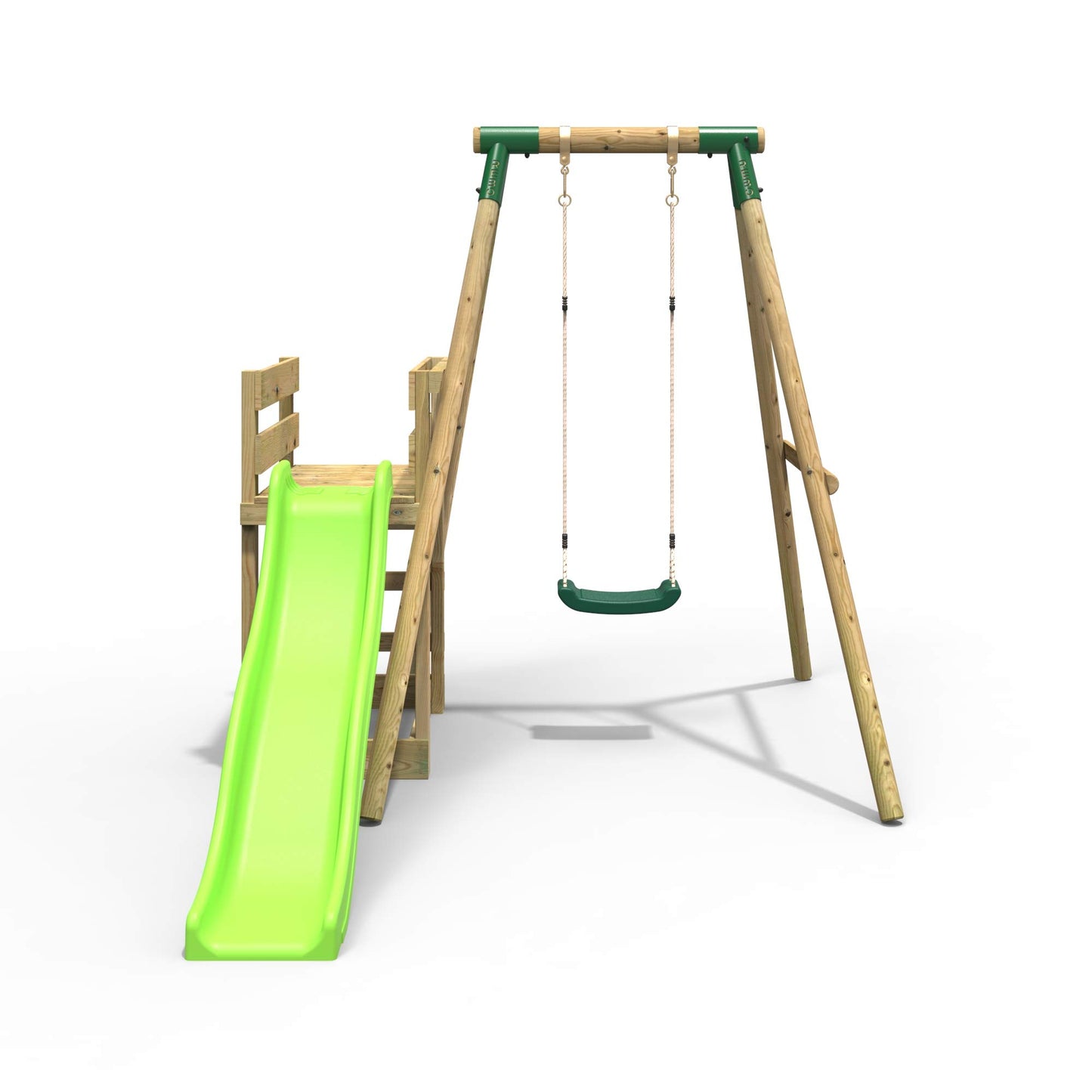 Rebo® Wooden Swing Set Plus Deck and Slide - Solar Green | OutdoorToys | Kids' Playset - Sturdy Construction, Pressure Treated Timber, Soft-Feel Ropes