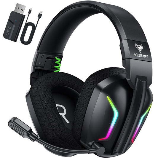 WESEARY wireless gaming headset with LED lights, 50mm stereo drivers, microphone, and dual-mode connectivity for PS5, PC, PS4, Switch, Mac