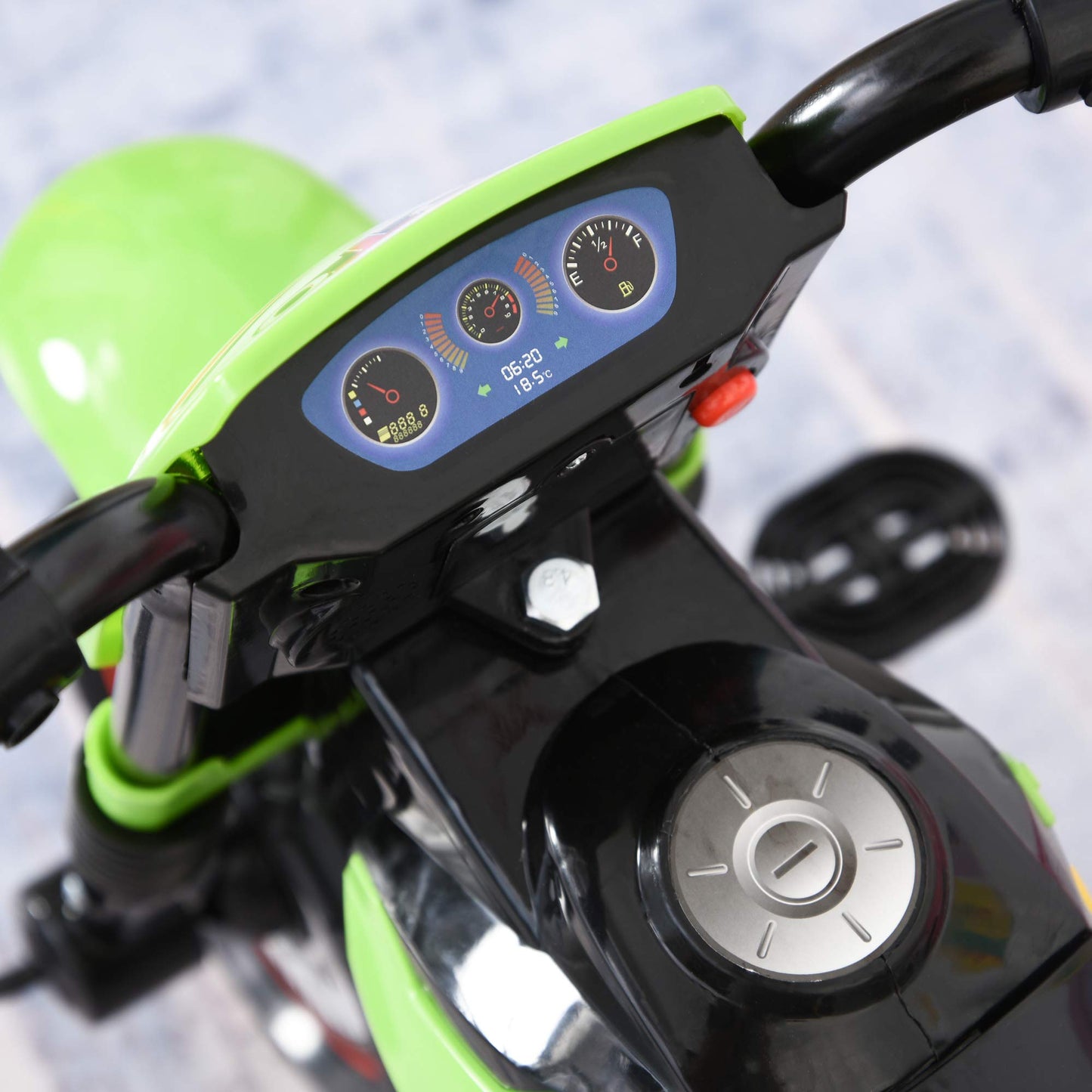 Green HOMCOM trike for toddlers featuring a pedal motorcycle design, music lights, and stickers, perfect for kids 18-36 months.