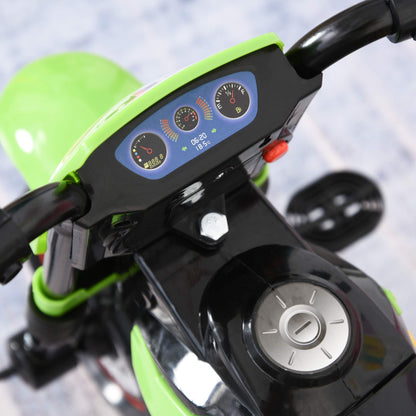 Green HOMCOM trike for toddlers featuring a pedal motorcycle design, music lights, and stickers, perfect for kids 18-36 months.