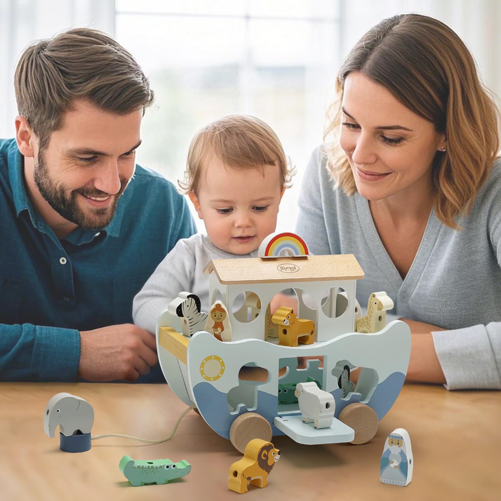 Joyreal wooden Noah's Ark toy with farm animal shapes, suitable for 1-3 year olds, Montessori stacking and sorting toy for baptism gifts