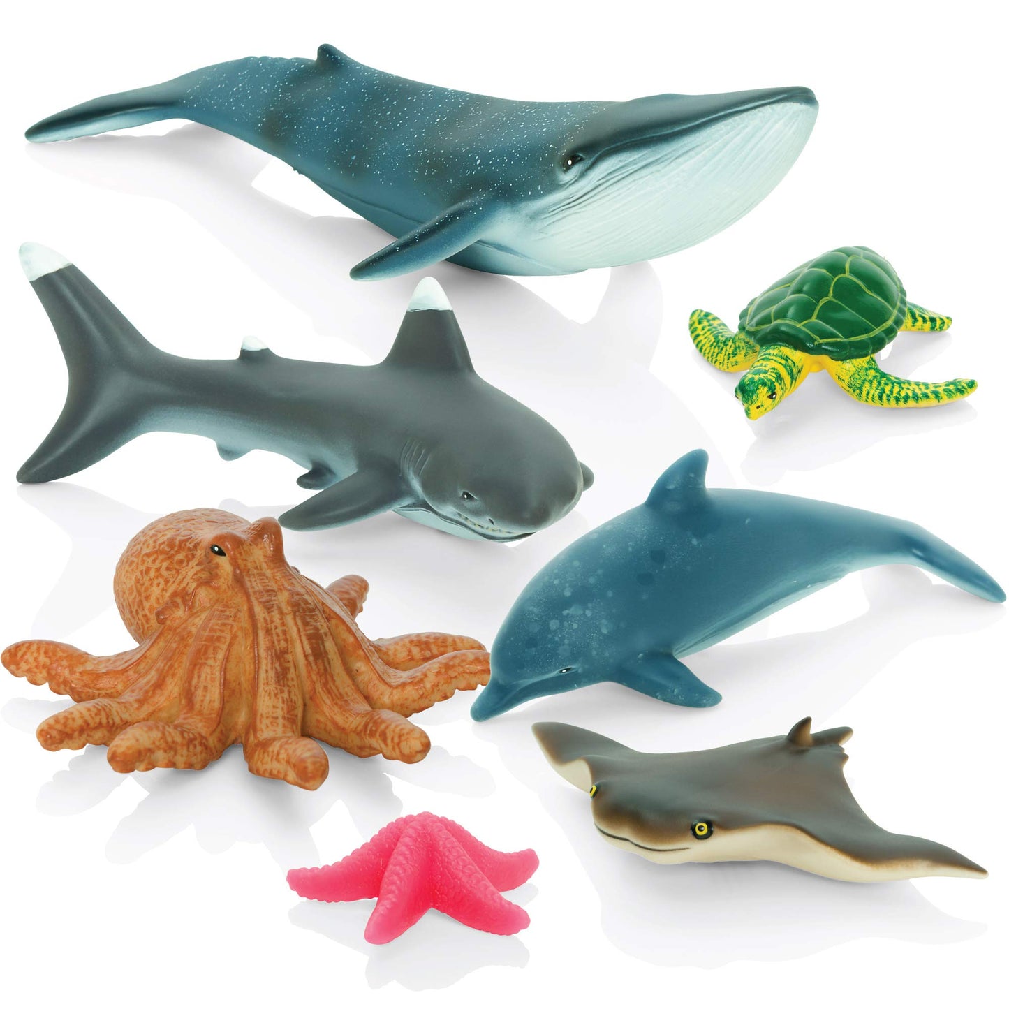 Set of 7 Learning Minds jumbo sea animal figures, including shark, whale, and dolphin toys for young children.