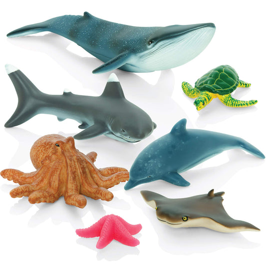 Set of 7 Learning Minds jumbo sea animal figures, including shark, whale, and dolphin toys for young children.