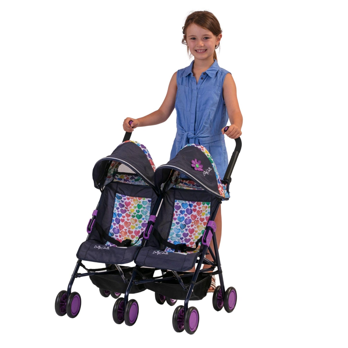 Daisy Chain Zipp Twin Max Dolls Pushchair – Adjustable handles from 76-82cm. For ages 4,5,6,7,8 or 9 years. (Rainbow Hearts)