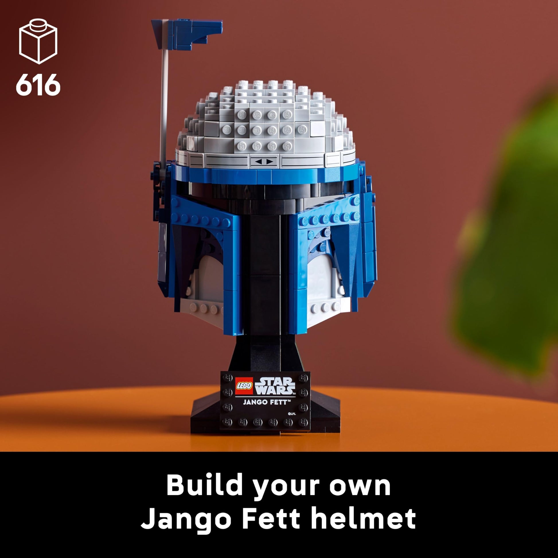 LEGO Star Wars 75408 Jango Fett Helmet model kit with stand, nameplate, and adjustable antenna for adults.
